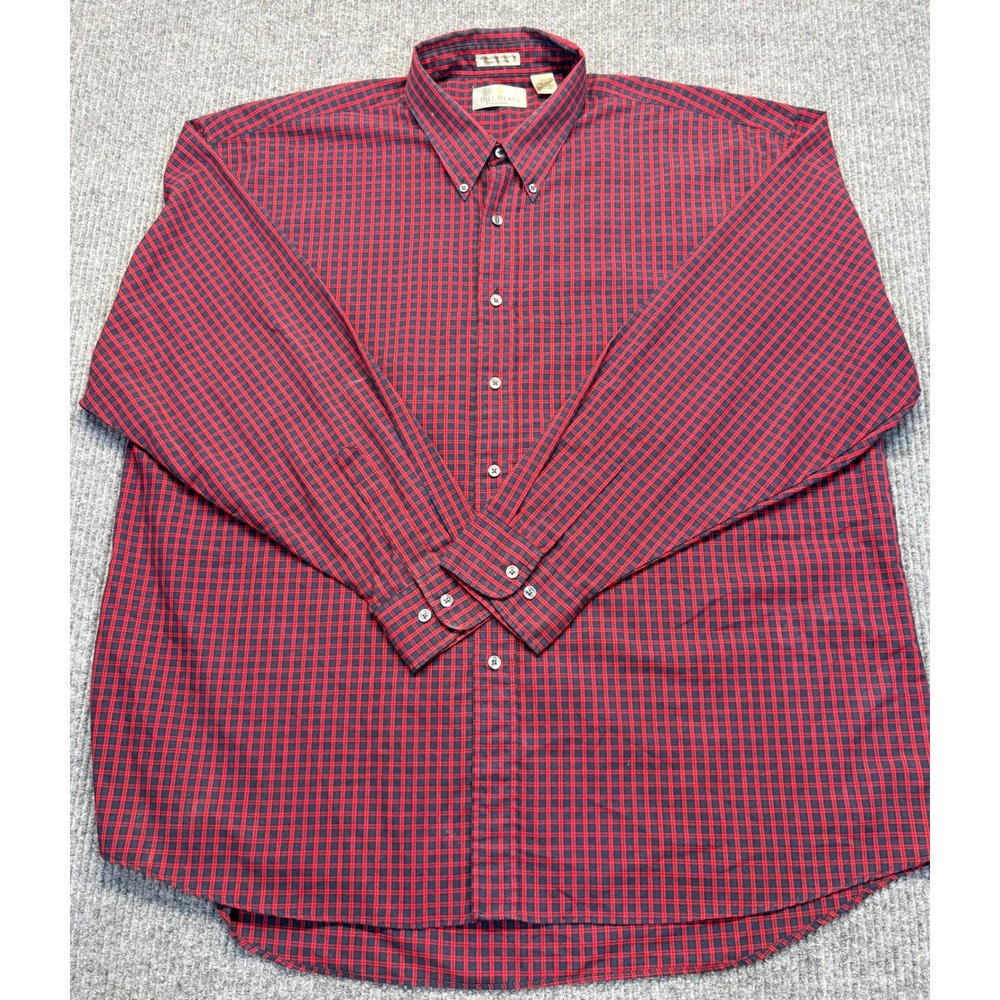 Bill Blass Mens Red Navy Check Button Down Shirt XXL Long Sleeve Cotton Blend